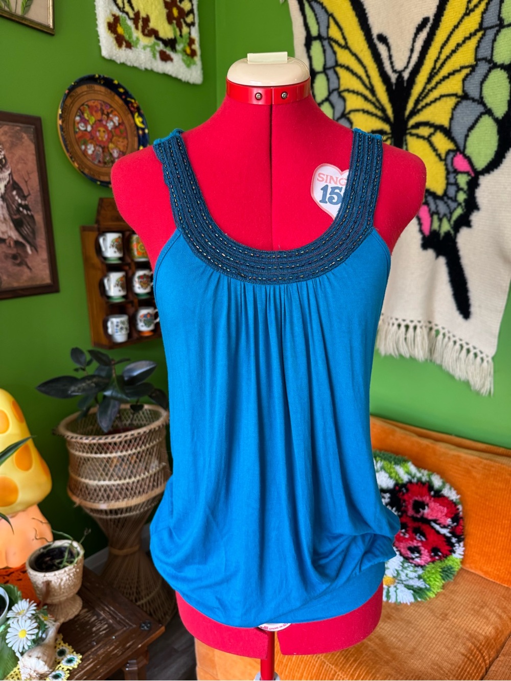 Women’s Sleeveless Beaded Scoop Neck Tank Top - Teal Blue